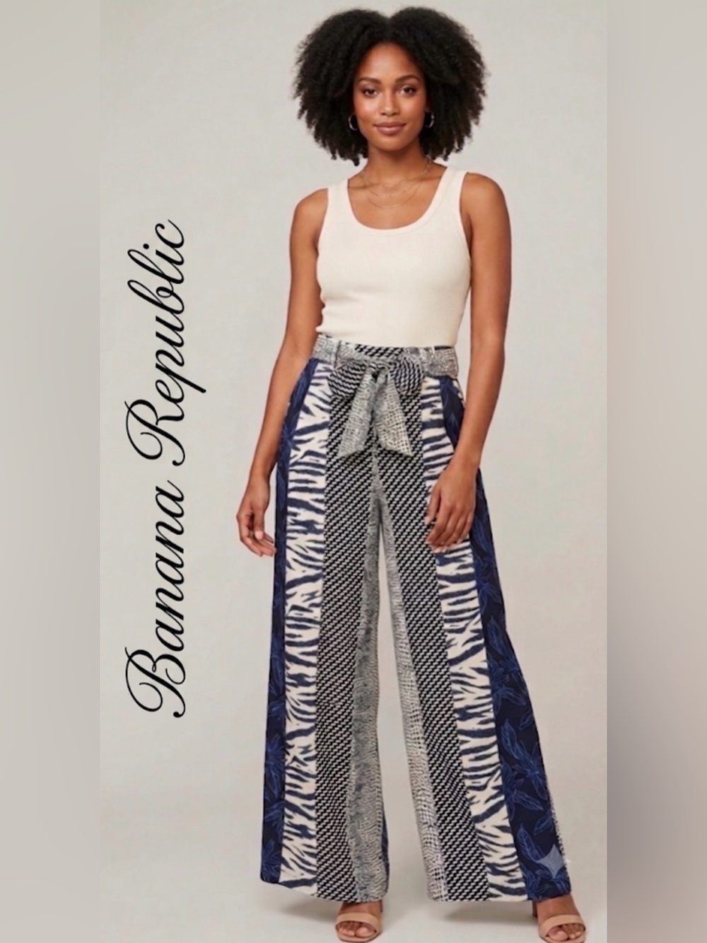 Banana Republic Zebra Print Wide Leg Palazzo Pants Blue Navy & Black - Size S